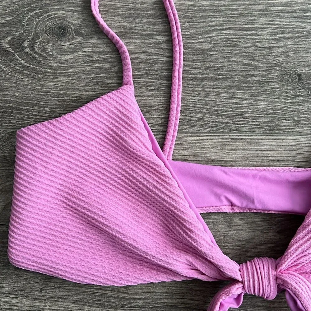 L*SPACE Chloe Ribbed Bikini Top Medium Tie Waist Adjustable Rosebud Purple Pink